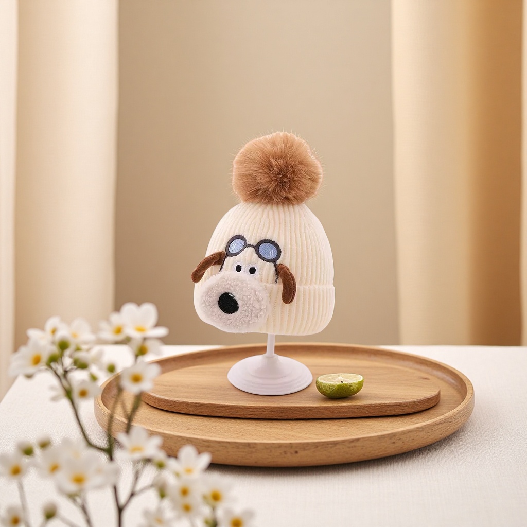 Шапка вязаная в полоску с помпоном-собачкой оптом из Китая — фотография поставщика