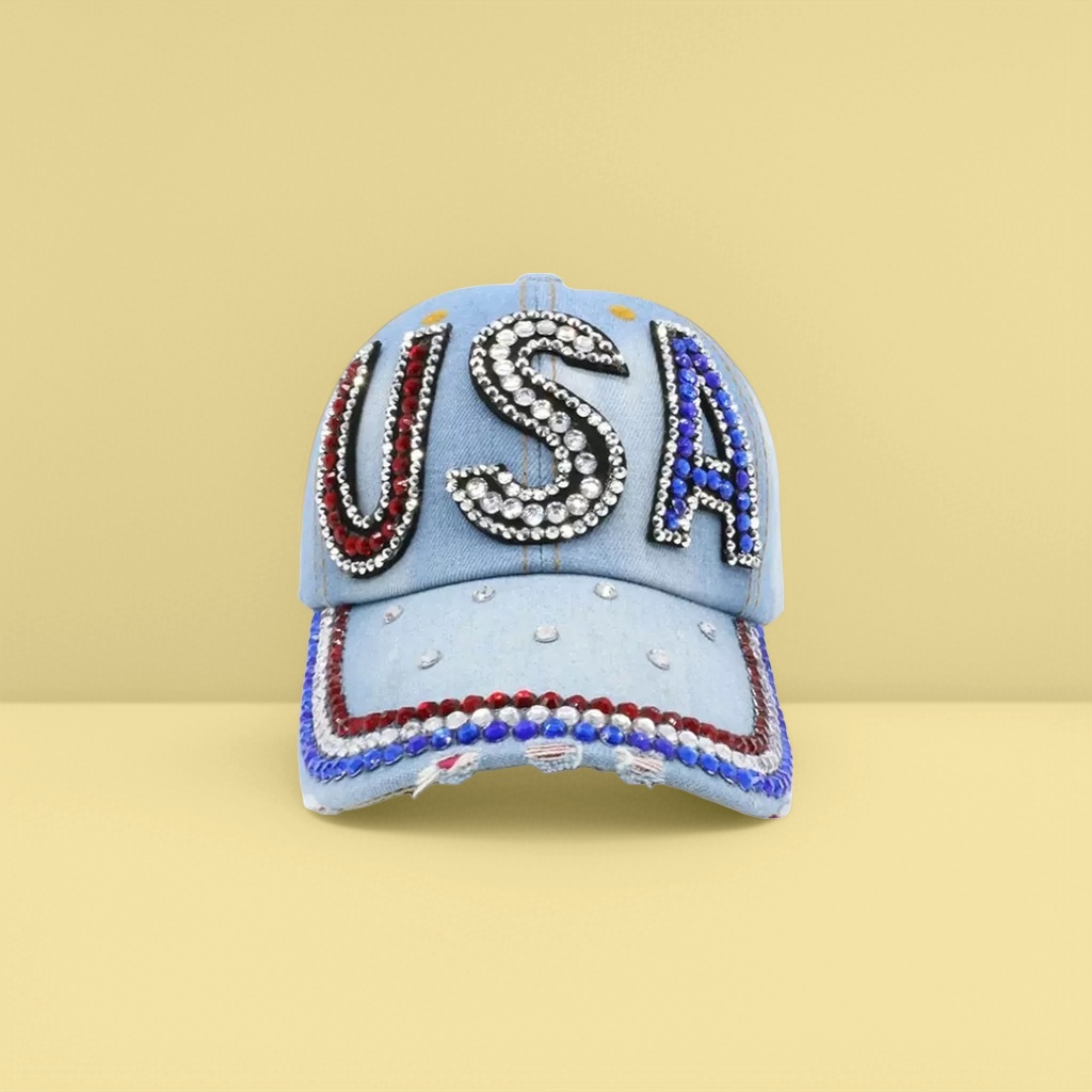 Кепка джинсовая голубая с надписью USA из страз оптом из Китая — фотография поставщика