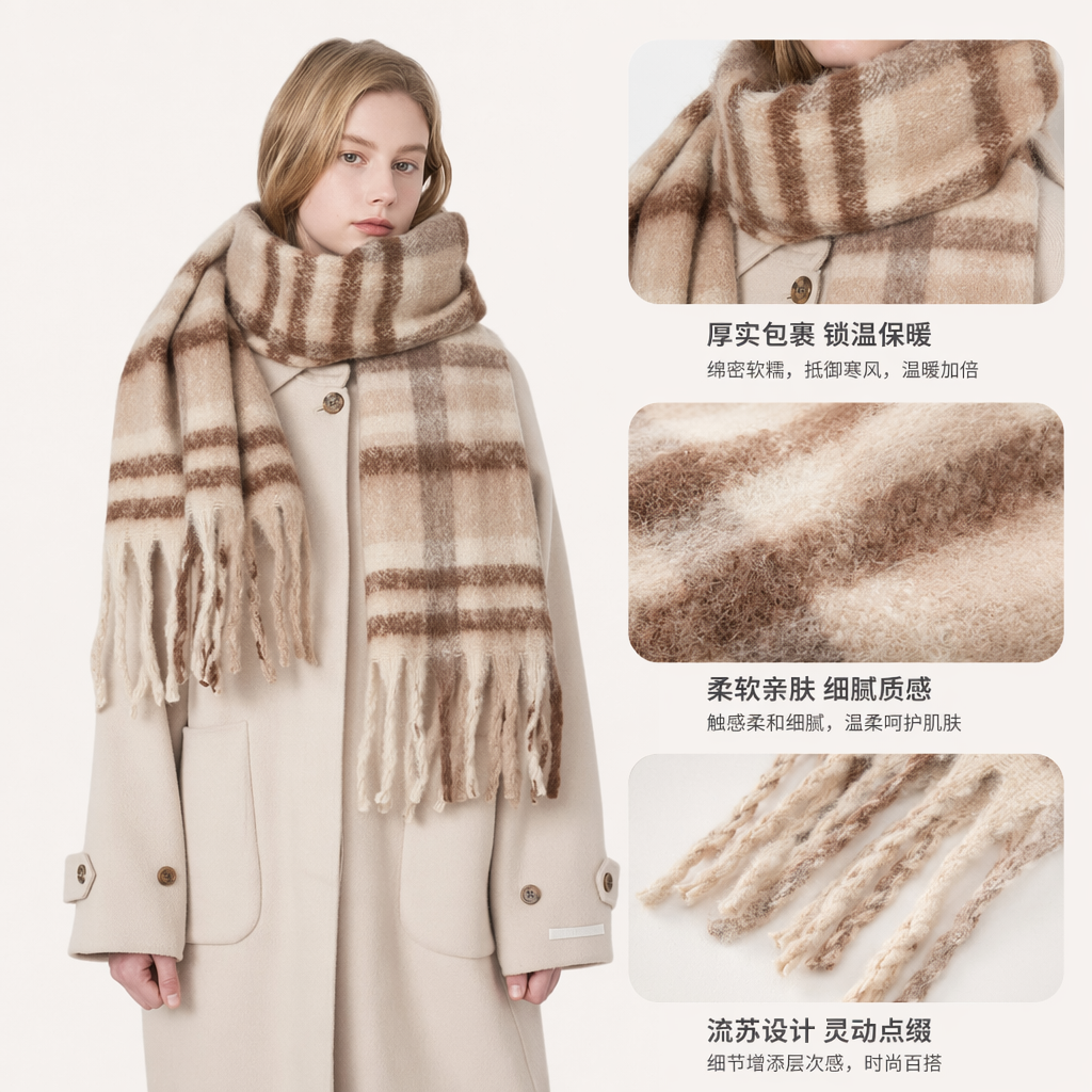 Шарф клетчатый бежево-коричневый с кистями оптом из Китая — фотография поставщика