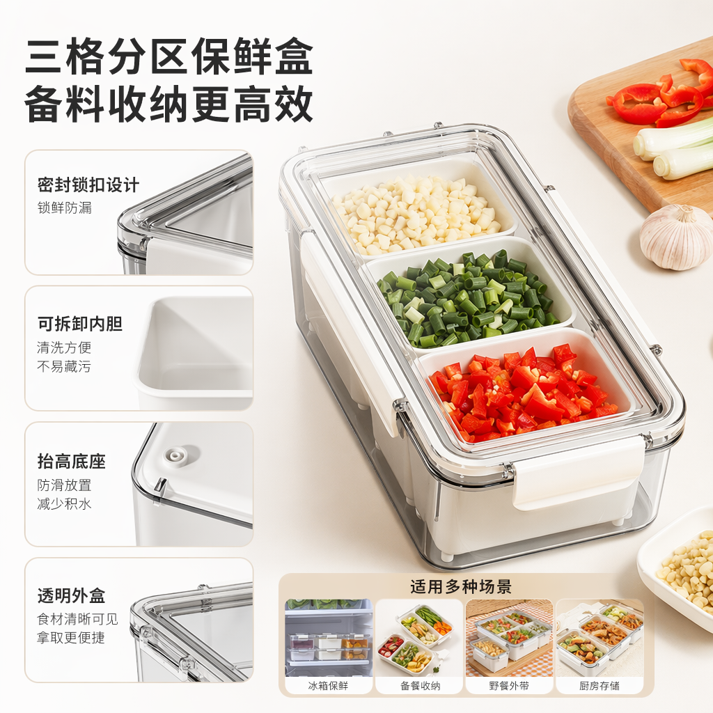 Контейнер с тремя отсеками для продуктов белый оптом из Китая — фотография поставщика
