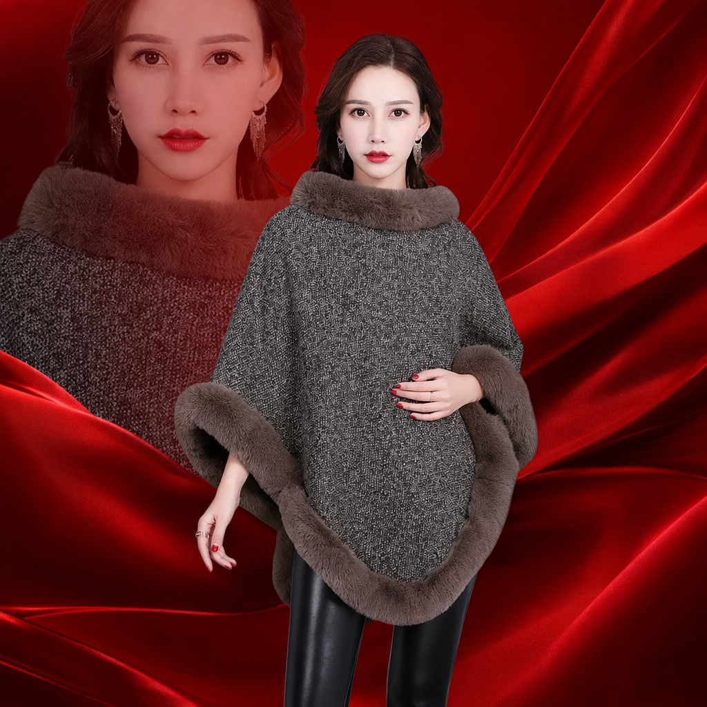 Шаль женская серая с искусственным мехом оптом из Китая — фотография 3