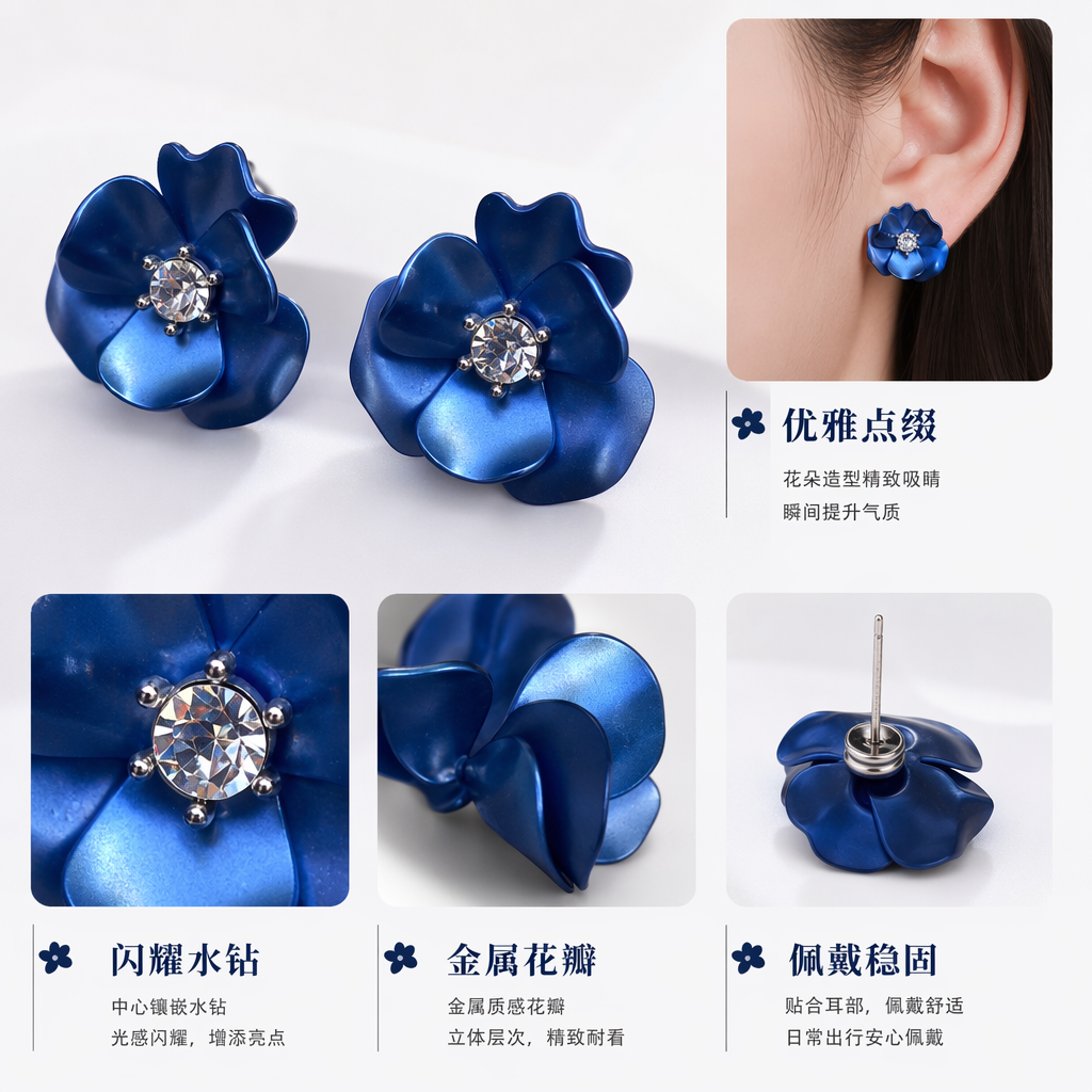 Серьги женские с синим цветком оптом из Китая — фотография поставщика