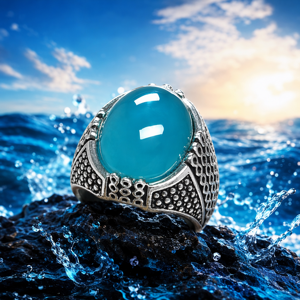 Кольцо серебристое с голубым камнем оптом из Китая — фотография 3