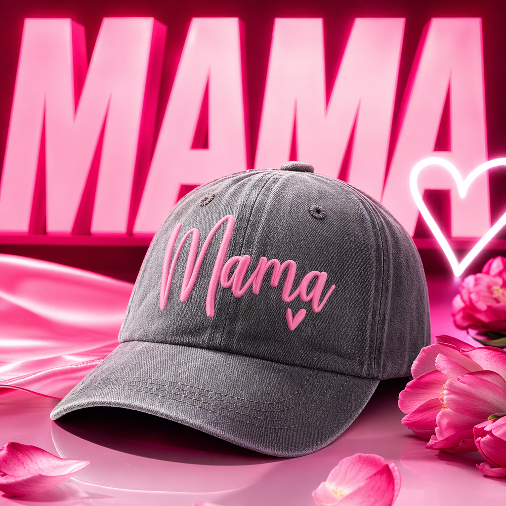 Бейсболка серая с надписью Mama и сердечками оптом из Китая — фотография 3