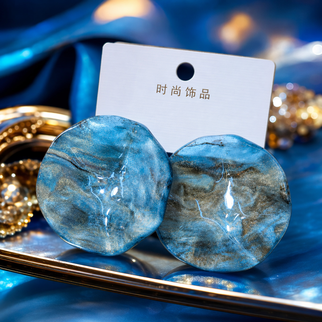 Серьги-гвоздики с синим мраморным рисунком оптом из Китая — фотография 3