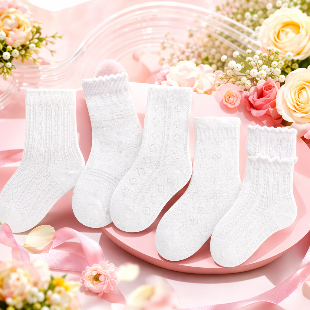 Носки белые вязаные с ажурной отделкой, набор 5 пар оптом из Китая — фотография 3