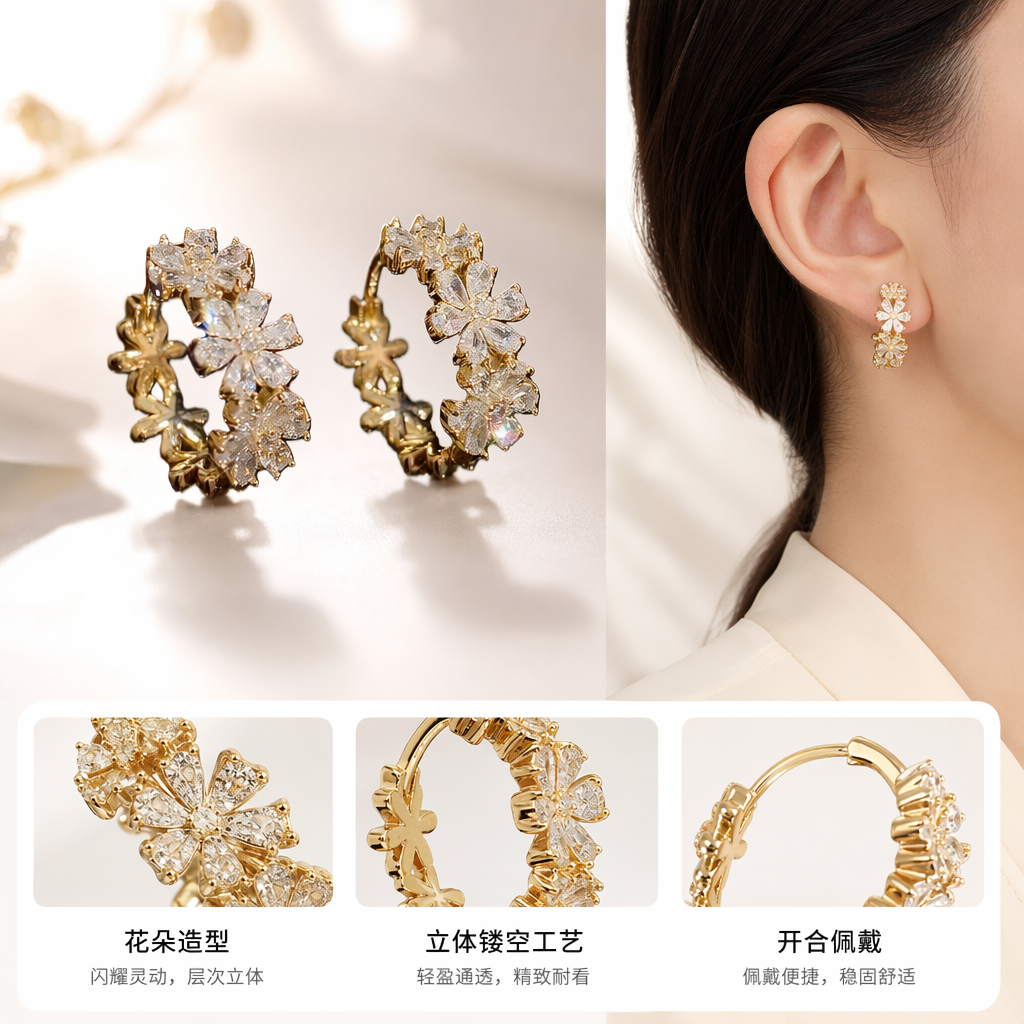 Серьги-цветы золотистые из сплава оптом из Китая — фотография поставщика