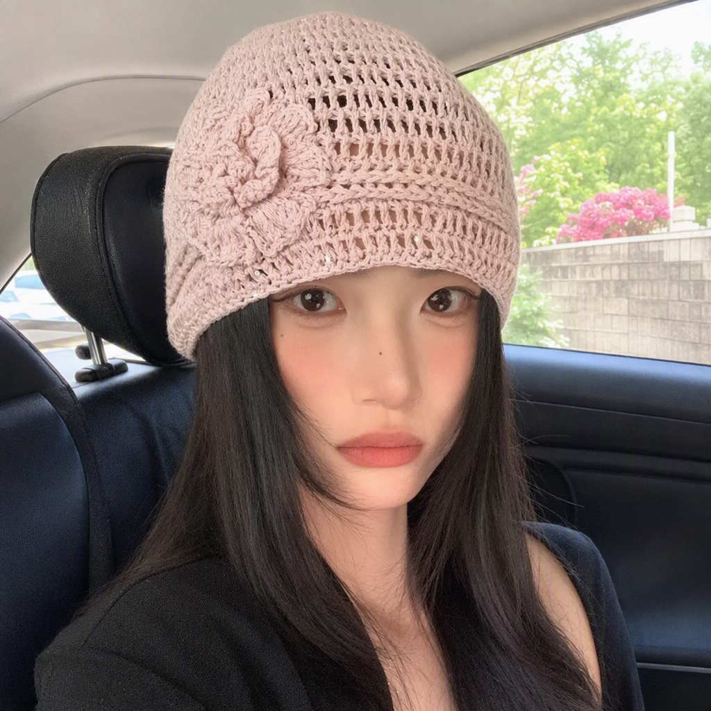 Шапка женская вязаная крючком розовая оптом из Китая — фотография 2