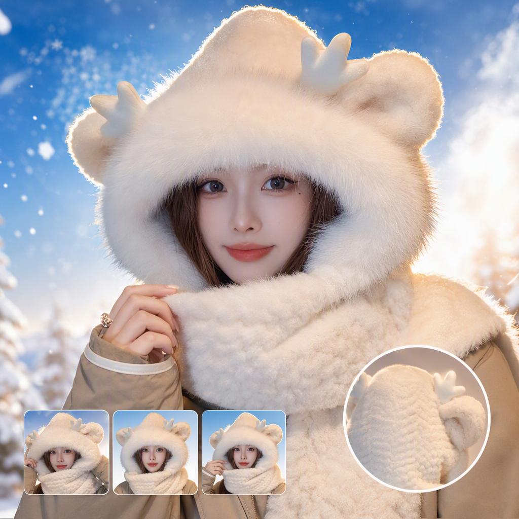 Шапка плюшевая с рожками белая оптом из Китая — фотография 3