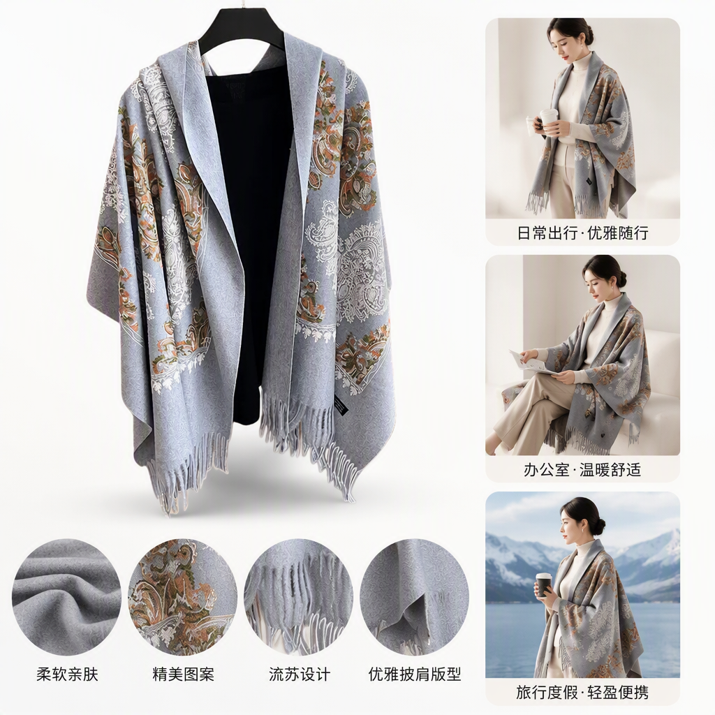 Шаль женская серая пейсли с кистями оптом из Китая — фотография поставщика