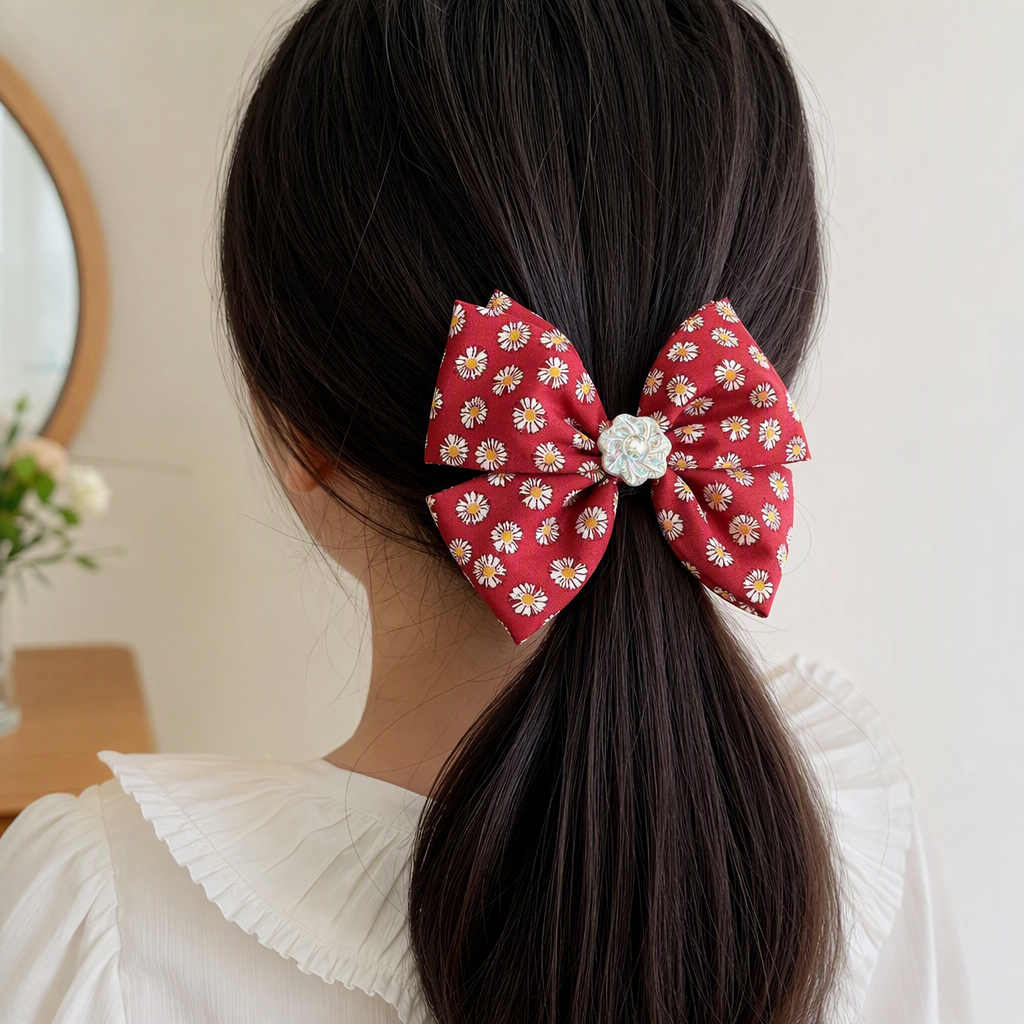 Ободок-бант красный с ромашками оптом из Китая — фотография 2